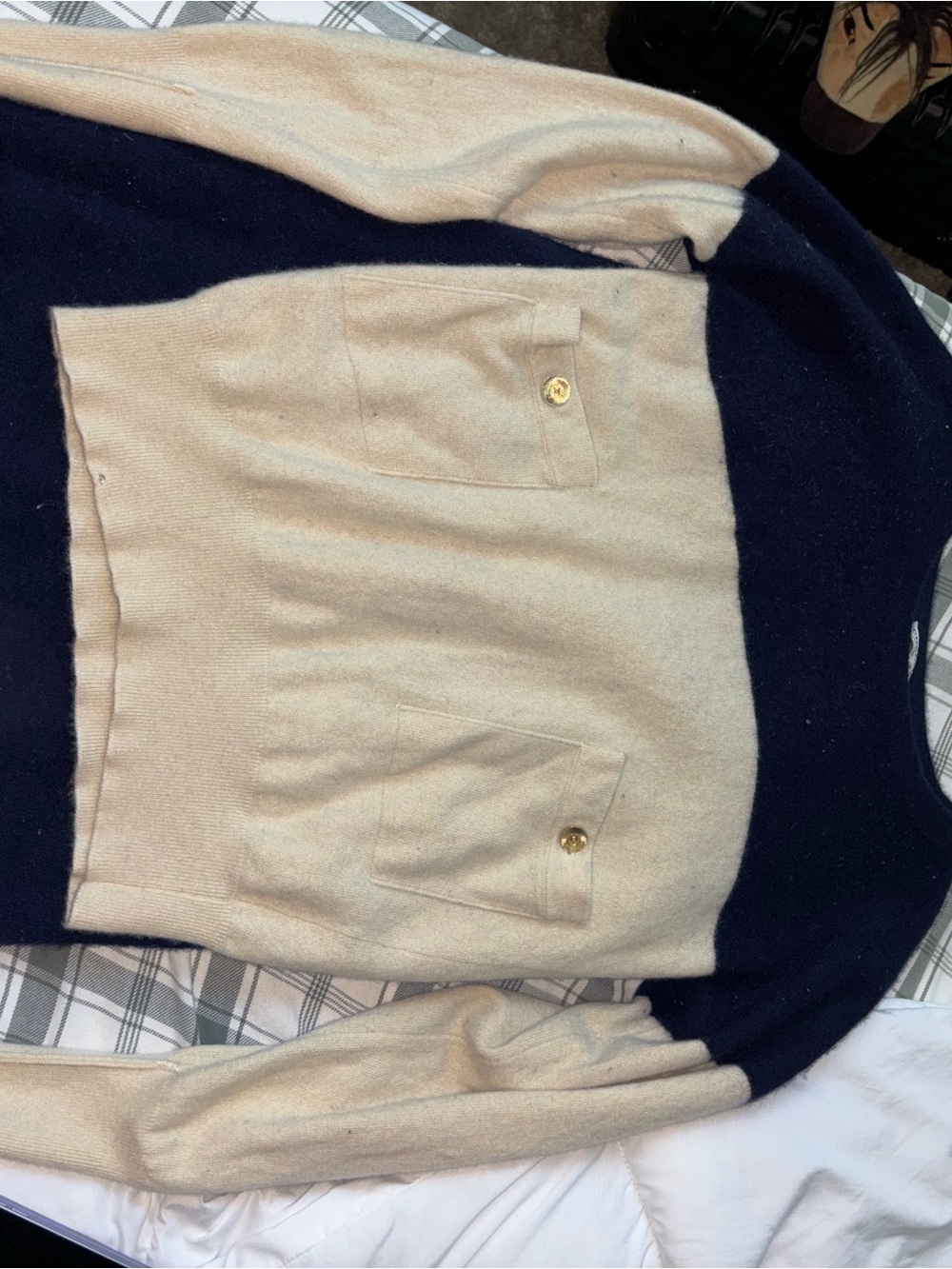 CHANEL Navy and Cream Two-Tone Knit Skirt Set